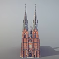 Ancient Red Brick Building With Twin Spires And Clock Tower Gothic Design 3d model