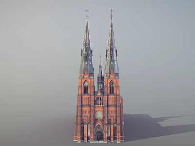 Ancient Red Brick Building With Twin Spires And Clock Tower Gothic Design 3d model