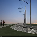 Road Infrastructure Featuring Curved Track Utility Poles Pedestrians Grass Blue Sky And Sunset