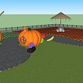Whimsical Garden Landscape Design With Green Lawn Mushroom Shaped Structures Arches and Flower Beds