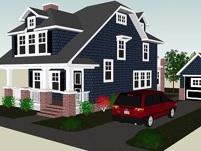 Dark Blue House With White Windows Red SUV On Driveway And Garage With Green Shrubs And Trees 3d model