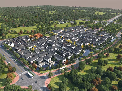 Aerial Planning of Traditional Residential Area With Green Landscapes Roads And Trees 3d model