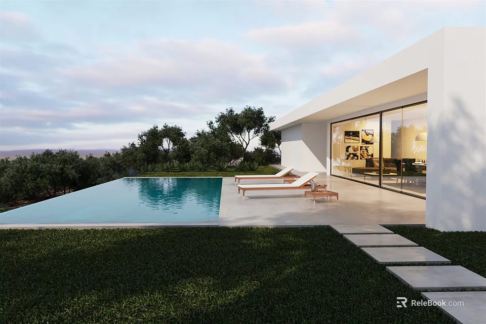 Modern Villa Exterior With Swimming Pool Sun Loungers Large Glass Windows Lawn Trees Cloudy Sky 3d model 