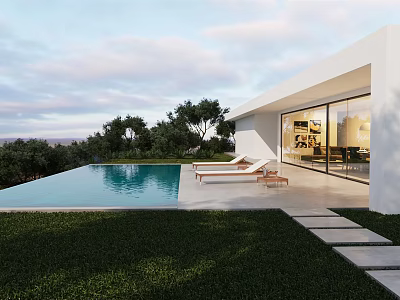 Modern Villa Exterior With Swimming Pool Sun Loungers Large Glass Windows Lawn Trees Cloudy Sky 3d model
