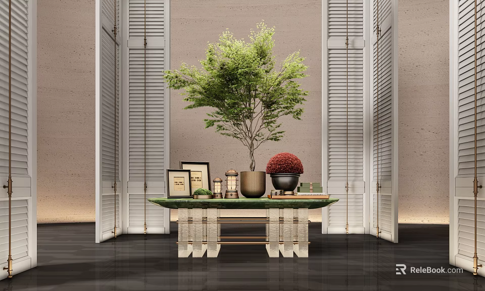 Elegant Ornamental Decor Combination With Green Plant Photo Frames And Jars On Wooden Table 3d model 
