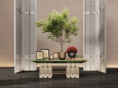 Elegant Ornamental Decor Combination With Green Plant Photo Frames And Jars On Wooden Table 3d model