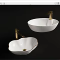 Elegant White Bowl and Petal Shaped Bathroom Sinks with Gold Faucets and Trim