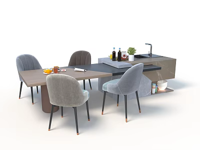 Modern Dining Table Set with Grey Chairs Fruit Bottles Plants and Side Cabinet with Sink 3d model