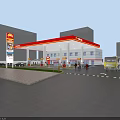 Gas Station Aerial View With Red Yellow Canopy Fuel Pumps And Fuel Truck