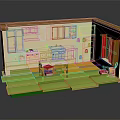 Cartoon Kitchen Scene With Yellow Cabinets White Countertop Green Floor Small Table And Window