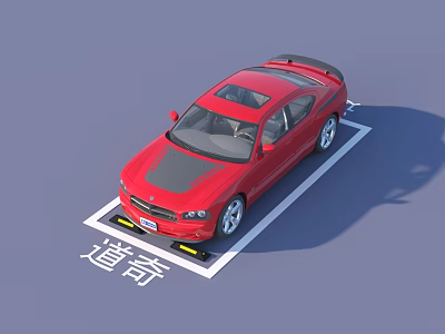 Dodge Red Sports Sedan Parked In Display Area With Brand Logo On Ground 3d model