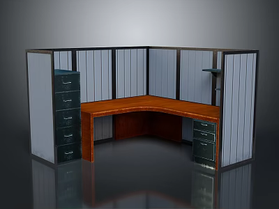 Modern Office Corner Desk With Wooden Top Partition Panels And Storage Drawers 3d model