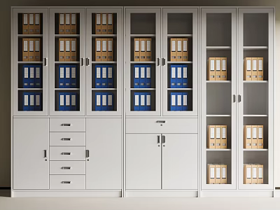White Office Storage Cabinets With Glass Solid Doors Drawers And Blue Brown Folders 3d model