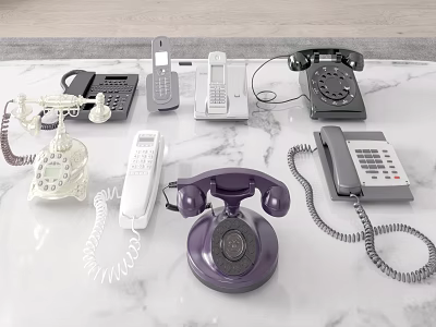 Vintage Telephones Display Featuring Various Retro Communication Devices Different Colors And Classic Designs 3d model