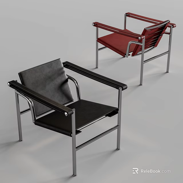 Modern Black And Red Leather Leisure Chairs With Metal Frame Design 3d model 