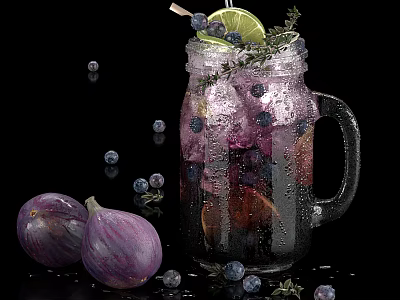 Refreshing Purple Fruit Infused Drink in Mason Jar with Blueberries Figs Lime Thyme and Ice 3d model