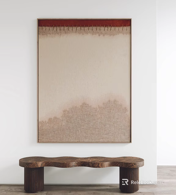 Abstract Painting Beige Brown Gradient Texture Mountain Patterns Wooden Frame On White Wall With Bench 3d model