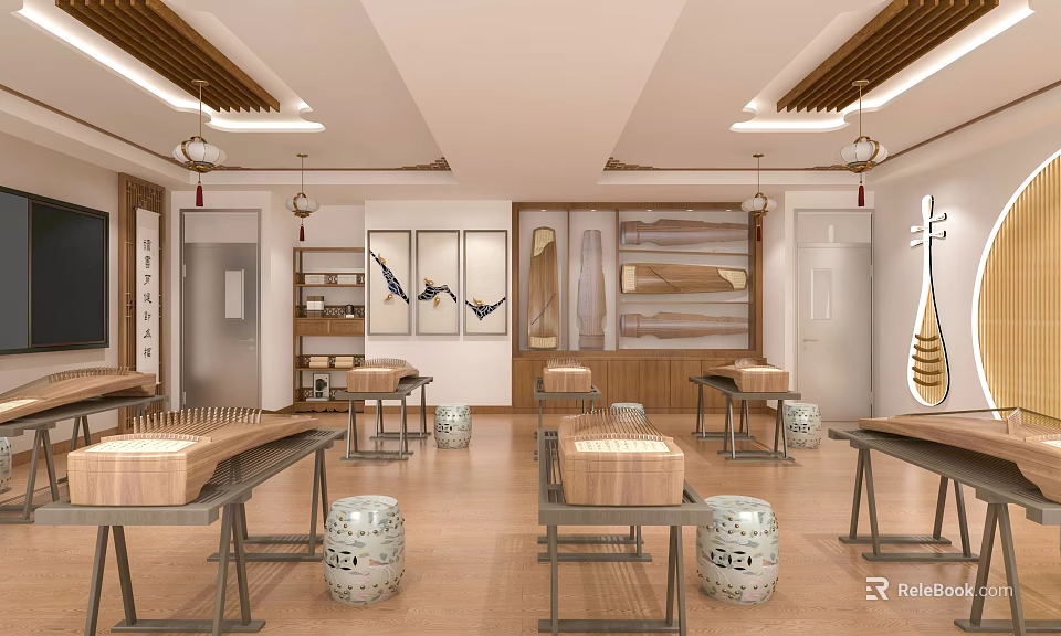 School Traditional Culture Classroom With Guqin Wooden Tables Chairs Lanterns And Wall Paintings 3d model 