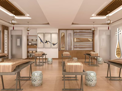 School Traditional Culture Classroom With Guqin Wooden Tables Chairs Lanterns And Wall Paintings 3d model