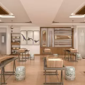 School Traditional Culture Classroom With Guqin Wooden Tables Chairs Lanterns And Wall Paintings