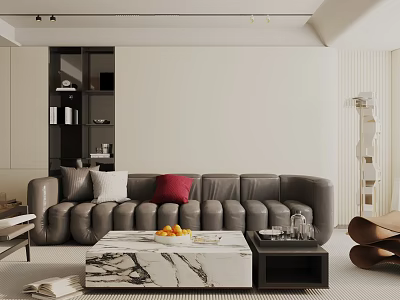 Modern Living Room Interior With Gray Leather Sofa Red White Cushions And Marble Coffee Table 3d model