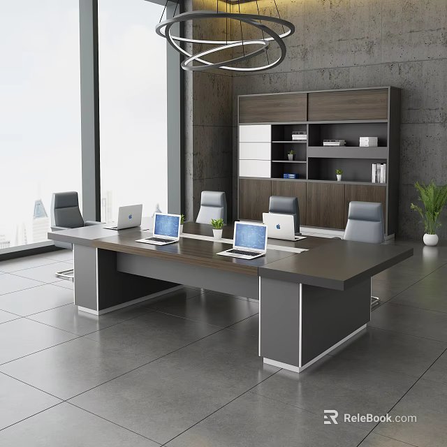 Modern Conference Room With Large Table Laptops Chairs Wooden Bookshelf And Green Plant 3d model 
