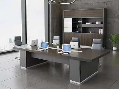 Modern Conference Room With Large Table Laptops Chairs Wooden Bookshelf And Green Plant 3d model