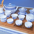 Traditional Blue and White Tea Set with Teapot Teacups Covered Bowl and Bamboo Tray