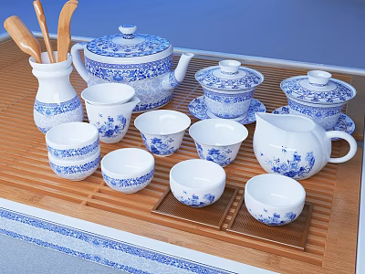 Traditional Blue and White Tea Set with Teapot Teacups Covered Bowl and Bamboo Tray 3d model