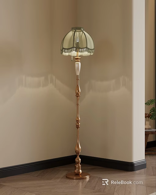 Elegant Floor Lamp With Golden Base Green Tassel Shade And Beige Wall Background 3d model 