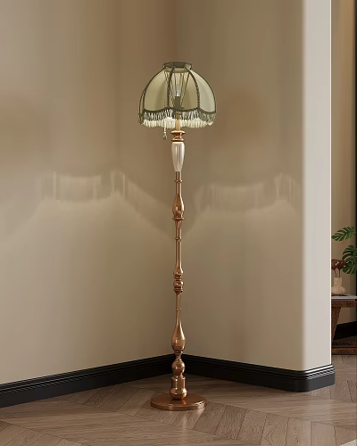 Elegant Floor Lamp With Golden Base Green Tassel Shade And Beige Wall Background 3d model