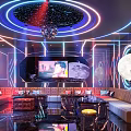 Luxurious KTV Interior With Neon Lights Moon Background Large Screen And Wine Glasses
