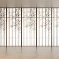 Modern Room Divider With Vertical Slat Frame And Bamboo Leaf Pattern 3d model