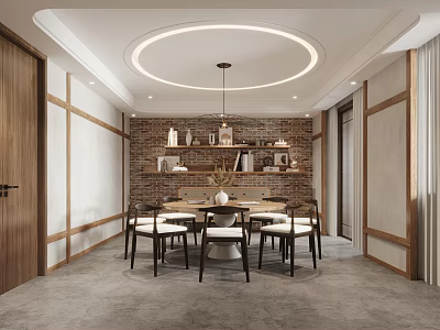 Cozy Restaurant Interior With Round Ceiling Light Chandelier Brick Wall Wooden Panels Shelves Dining Table 3d model