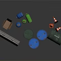 Blue And Green Industrial Barrels With Road Barrier And Cardboard Box