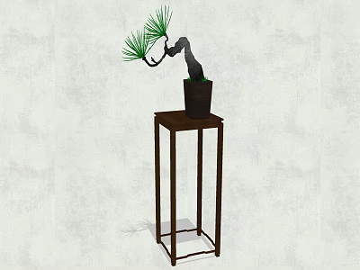 Bonsai Tree with Curved Branches and Green Pine Needles on Wooden Stand against Light Wall 3d model
