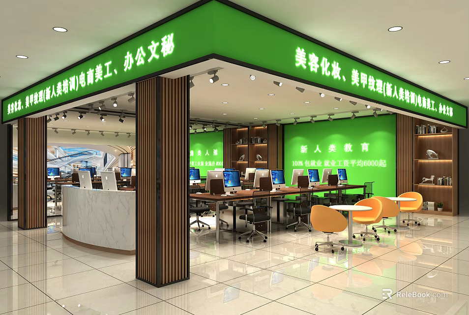 Green School Educational Environment With Modern Computer Workstations And Bookshelves 3d model