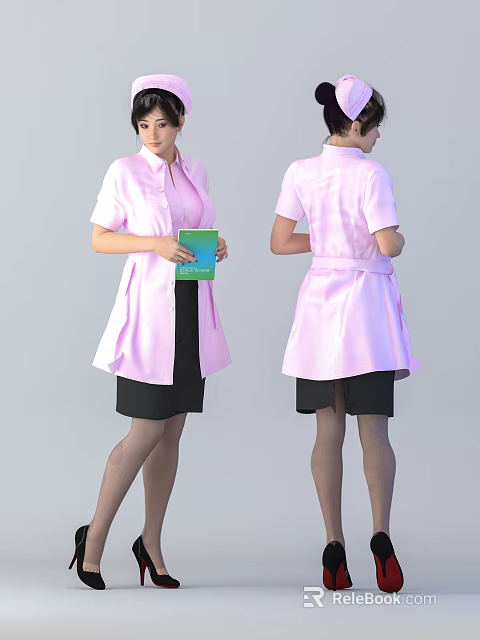 Woman in Pink Short Sleeve Coat and Black Skirt Holding Green Book Front Back Views 3d model 