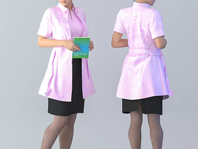 Woman in Pink Short Sleeve Coat and Black Skirt Holding Green Book Front Back Views 3d model