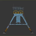 Blue Industrial Tower With Metal Frame Platform Yellow Wheels And Black Yellow Striped Legs