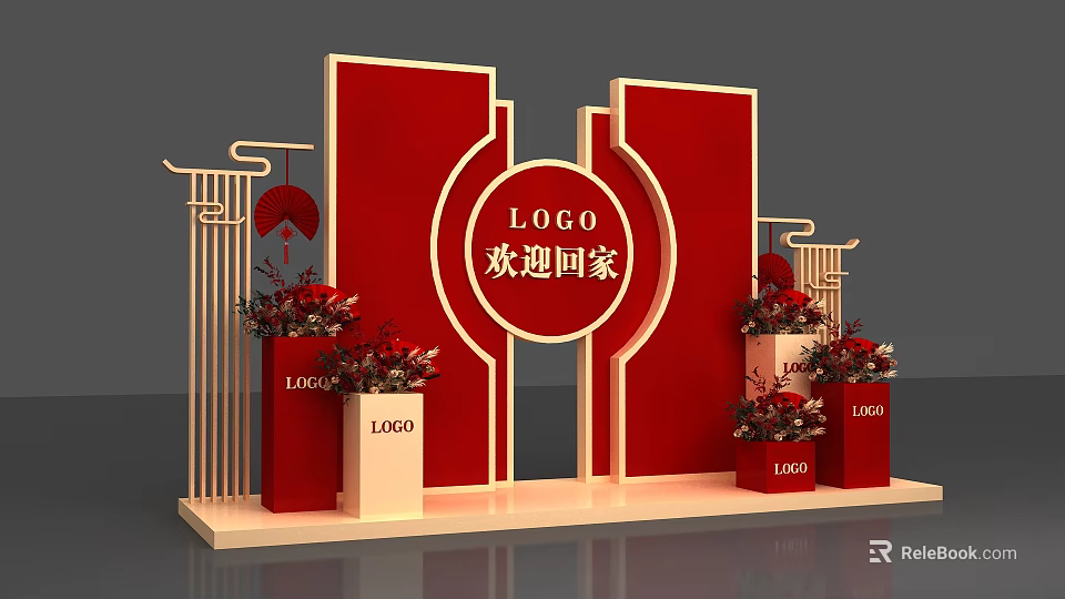 Welcome Home Decorative Scene With Red Background LOGO And Chinese Style Elements 3d model