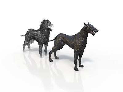 Detailed Black Dog Sculptures Carving Two Different Breeds on White Background 3d model
