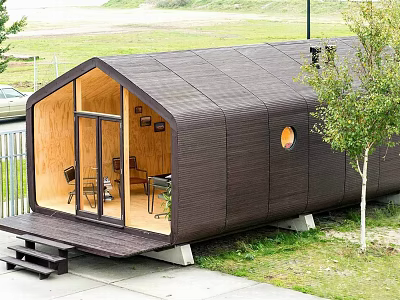 Modern Cabin Guesthouse Building With Wooden Interior Large Glass Door And Circular Window Near Tree 3d model