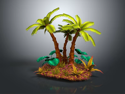 Lush Tropical Palm Trees With Green And Red Foliage On Mossy Ground Against Gray Background 3d model