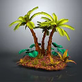 Lush Tropical Palm Trees With Green And Red Foliage On Mossy Ground Against Gray Background