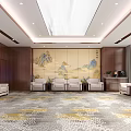 Elegant Modern Hotel Public Lounge Area With Landscape Painting Screen Comfortable Sofas And Patterned Carpet 3d model