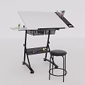 White Drafting Table With Black Metal Frame Storage Basket And Grey Padded Bar Stool 3d model