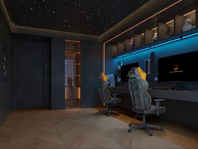 Modern Gaming Room Setup With Gaming Chairs Computer Monitors Starry Ceiling And Blue Lights 3d model