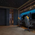 Modern Gaming Room Setup With Gaming Chairs Computer Monitors Starry Ceiling And Blue Lights