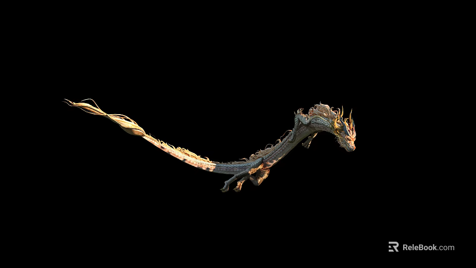 Flying Mythical Dragon With Scaled Body Long Tail Against Black Background 3d model 